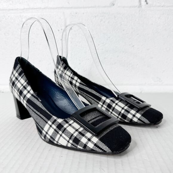 Michele Lopriore Heels Size 36‎ Tartan Plaid Tweed Square Toe Women's - Picture 3 of 9